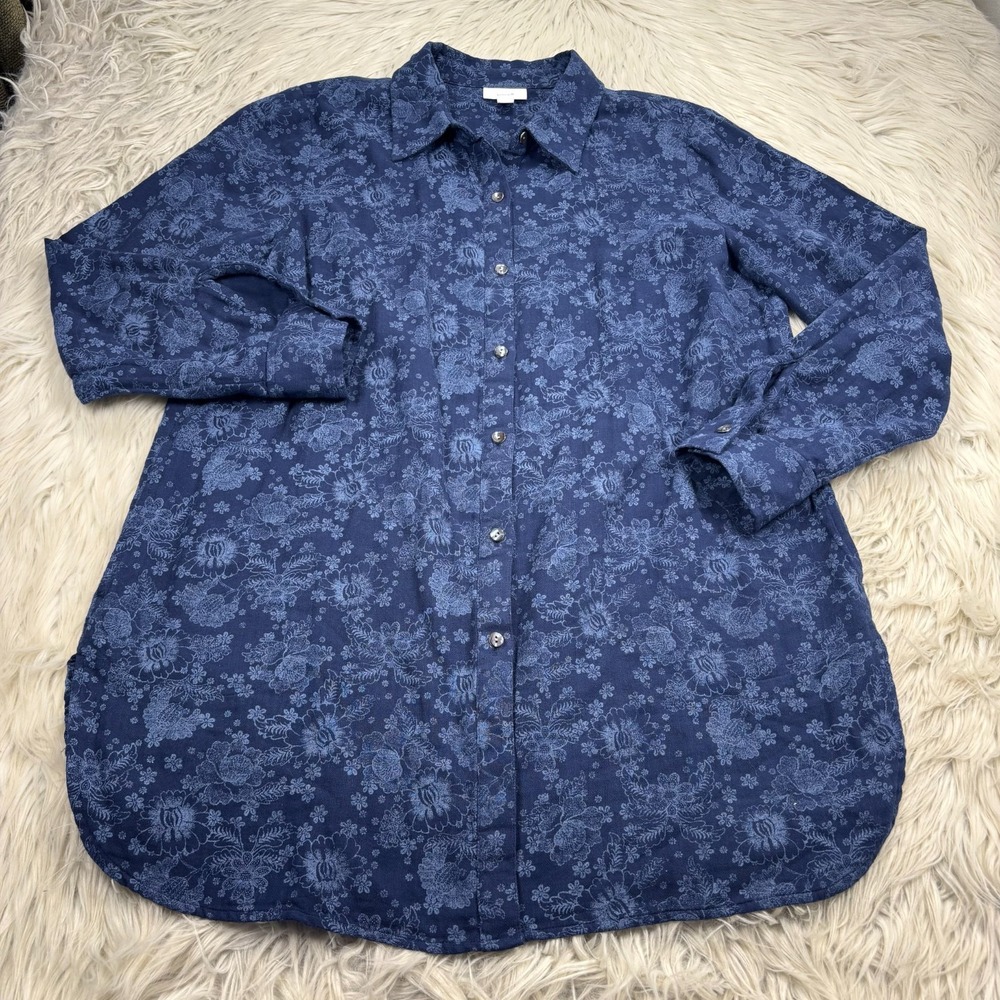 J. Jill Women's M Blue Tonal Floral Button Front Tunic Top Romantic 100% Cotton